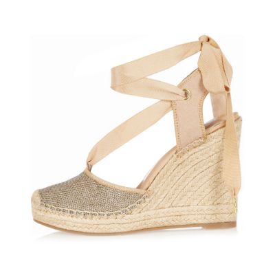 Gold lace-up espadrille wedges